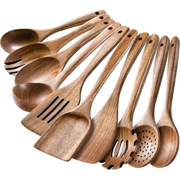 Wooden cooking spoon set - 10 piece wooden kitchen utensil set, non-stick safe, easy to clean natural acacia wood kitchen tools, suitable for home cooking, stirring and serving