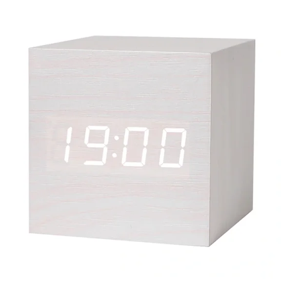 Wooden digital alarm clock with LED light, multifunctional, modern cube