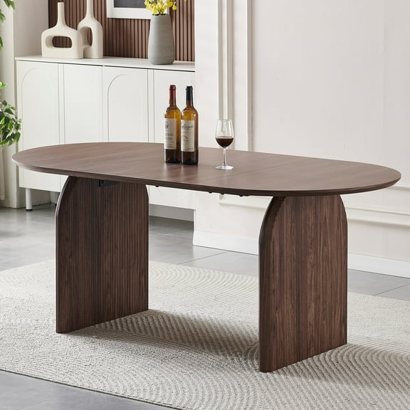 Wooden dining table, modern oval kitchen dining table, fashionable double-column design, suitable for family gatherings, multi-functional and space-saving, suitable for living rooms and dining rooms
