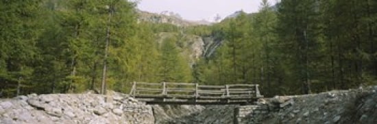 Wooden footbridge across a stream in a mountain range Switzerland Canvas Art - Panoramic Images (36 x 12)