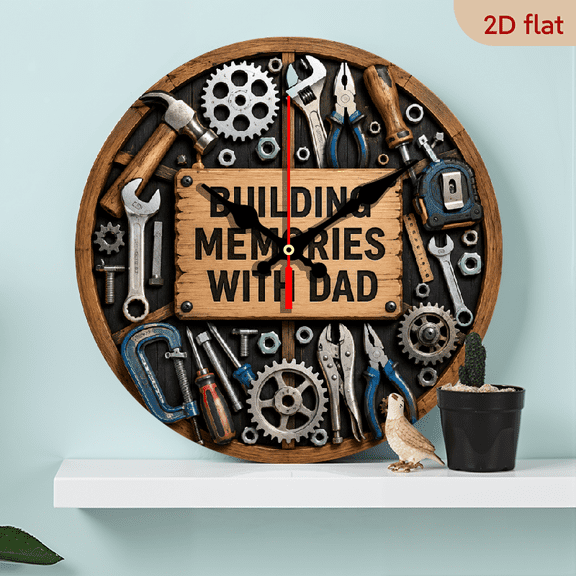 Wooden frame with memory and tool elements Design 12 inch Round Wooden Wall Clock, Silent, Excellent for Dormitory, Apartment, Entryway, Modern Decor, Halloween, Christmas, Wooden Frame Batte