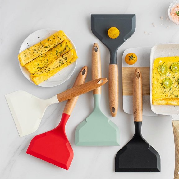 Wooden handle silicone jade pot spatula non stick pot silicone wide mouth frying spatula household high-temperature resistant kitchen silicone frying spatula