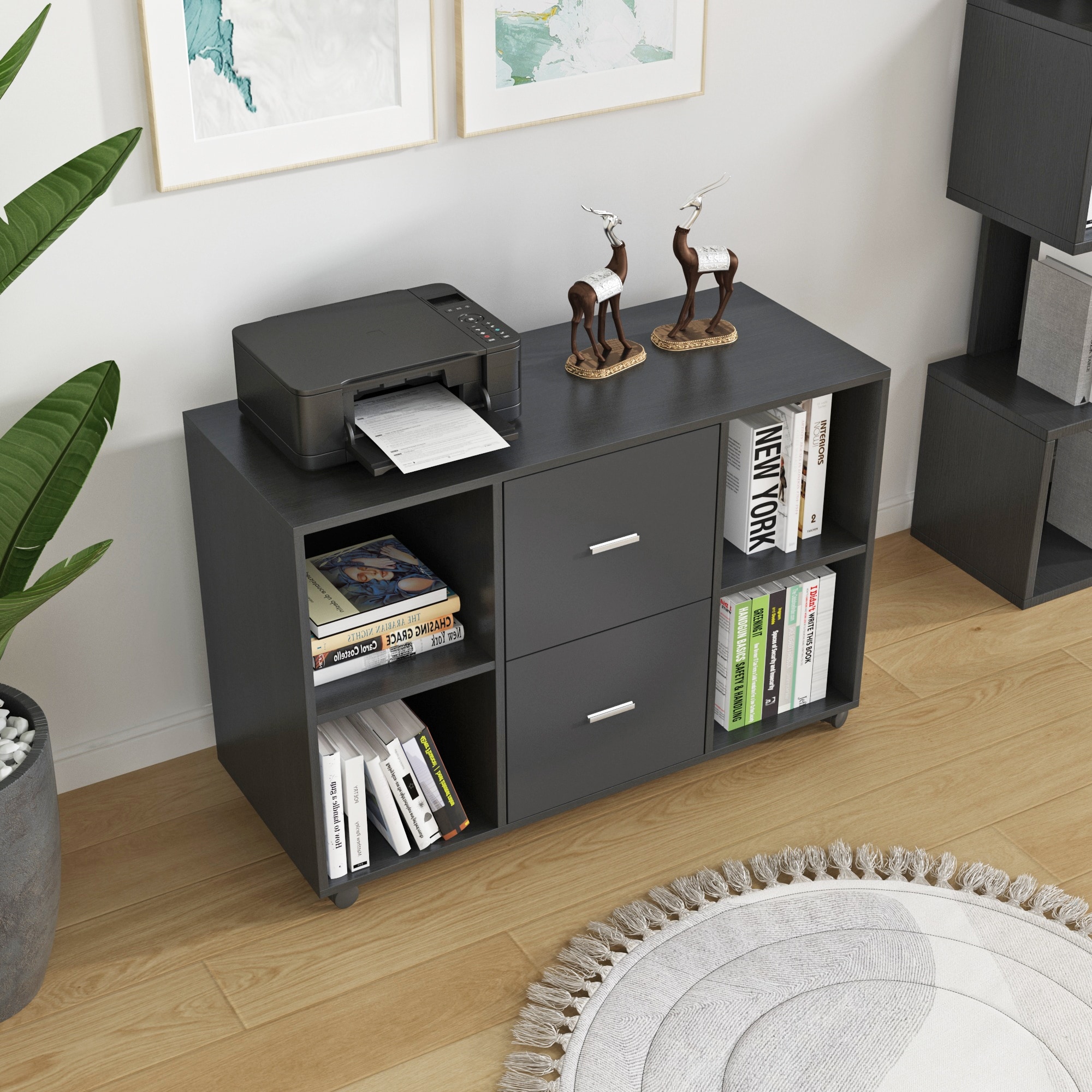 Wooden horizontal filing with 4 open storage shelves and 2