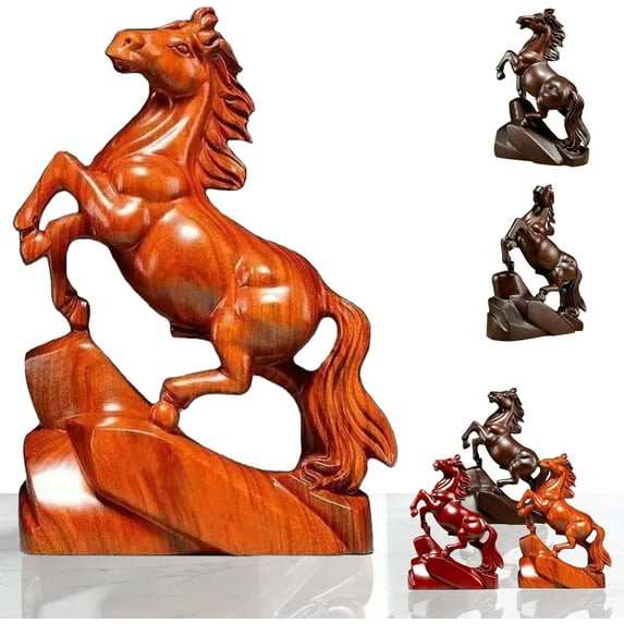 Wooden horse figurine, 2026 Chinese New Year red horse statue, zodiac animal sculpture, symbolizing wealth and good fortune, suitable for office and home decoration.