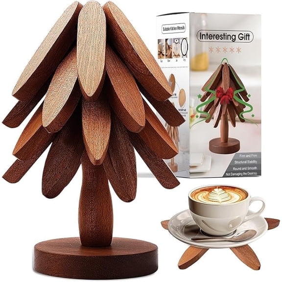 Insulated Wooden Coaster Set - Drink Coasters for Glasses & Mugs & Pots Bowls, 4 Coasters and 1 Stand