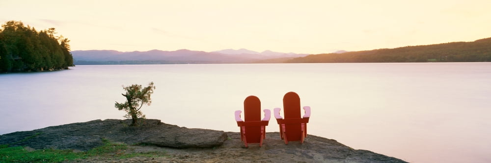 Wooden lawn chairs overlooking Basin Harbor Vermont Canvas Art - Panoramic Images (36 x 12)
