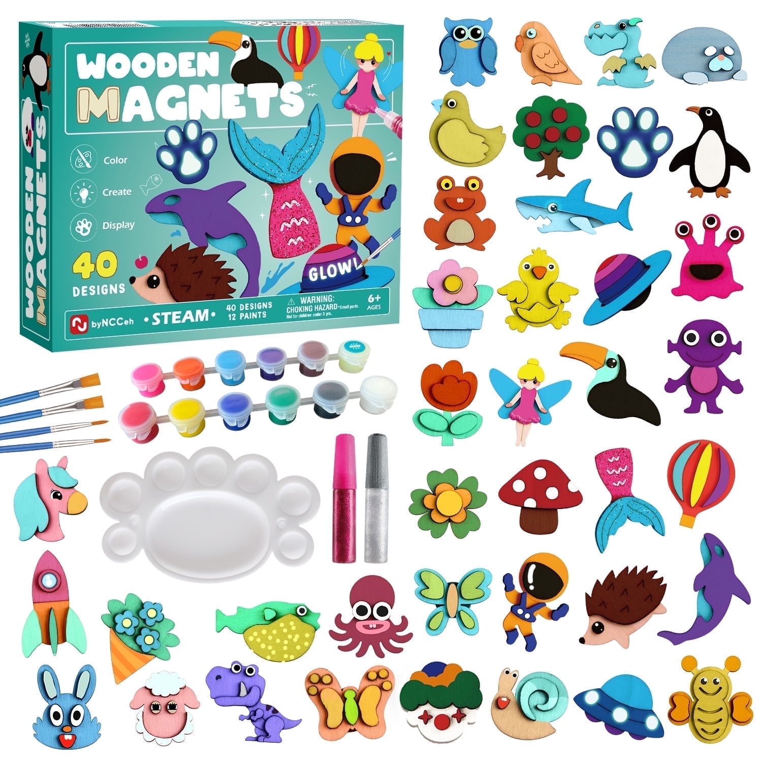 Piano Pota DIY Wooden Magnets,40 pcs Magic Magnetic Paint Set,Wood Arts and Crafts Painting Kit for Kids, Make Your Own Fridge Magnets Craft Kits Party Favors Gifts Toys for Girls Boys Ages 6-8 8-12