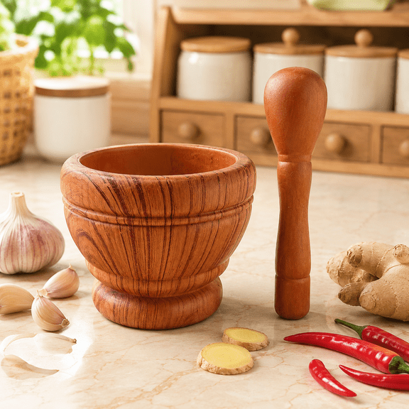 Wooden mortar and pestle set, BPA-free, kitchen spice grinder (plastic material)