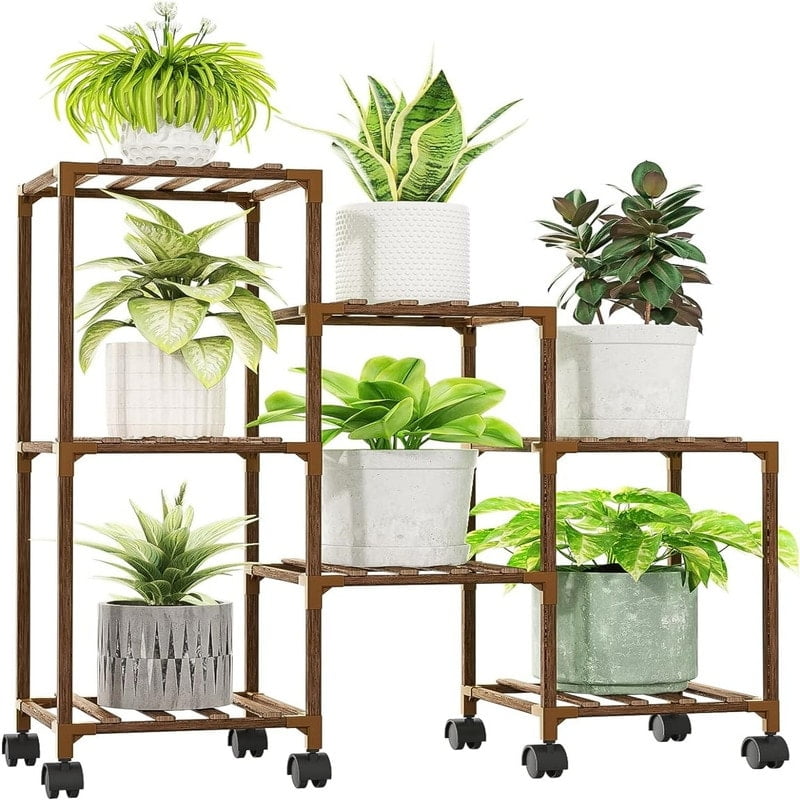 Brown Solid Wood 3-Tier Plant Stand with Wheels