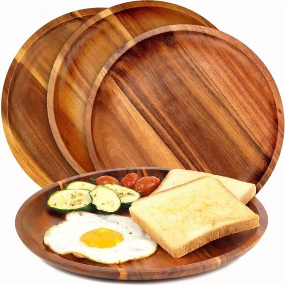 Wooden plates set of 4-11inch Dinner Plates Acacia Round Wood Plates Unbreakable Classic Plates Easy Cleaning Lightweight for Dishes Snack Dert Housewarming Christmas Gift