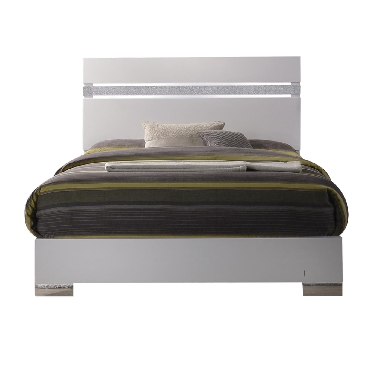 White Queen Upholstered Bed with Crystal Accented Headboard