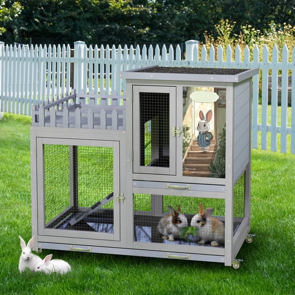Wooden rabbit cage with balcony, rabbit cage with wheels, suitable for indoor and outdoor use, includes rabbit cage, removable tray, gray with pattern