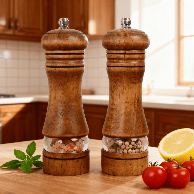 Wooden salt and pepper grinder, suitable for barbecue and kitchen utensils, adjustable ceramic grinder -6.5 inches, 2-piece set