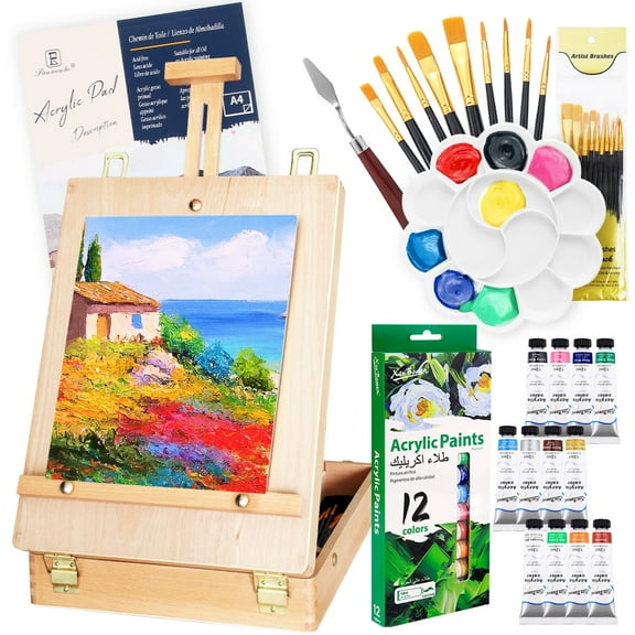 Wooden tabletop art easel box set, 12 Colors Acrylic Paint, scraper, Brushes, Palette, Complete Painting Kit for Kids, Adults, Artists