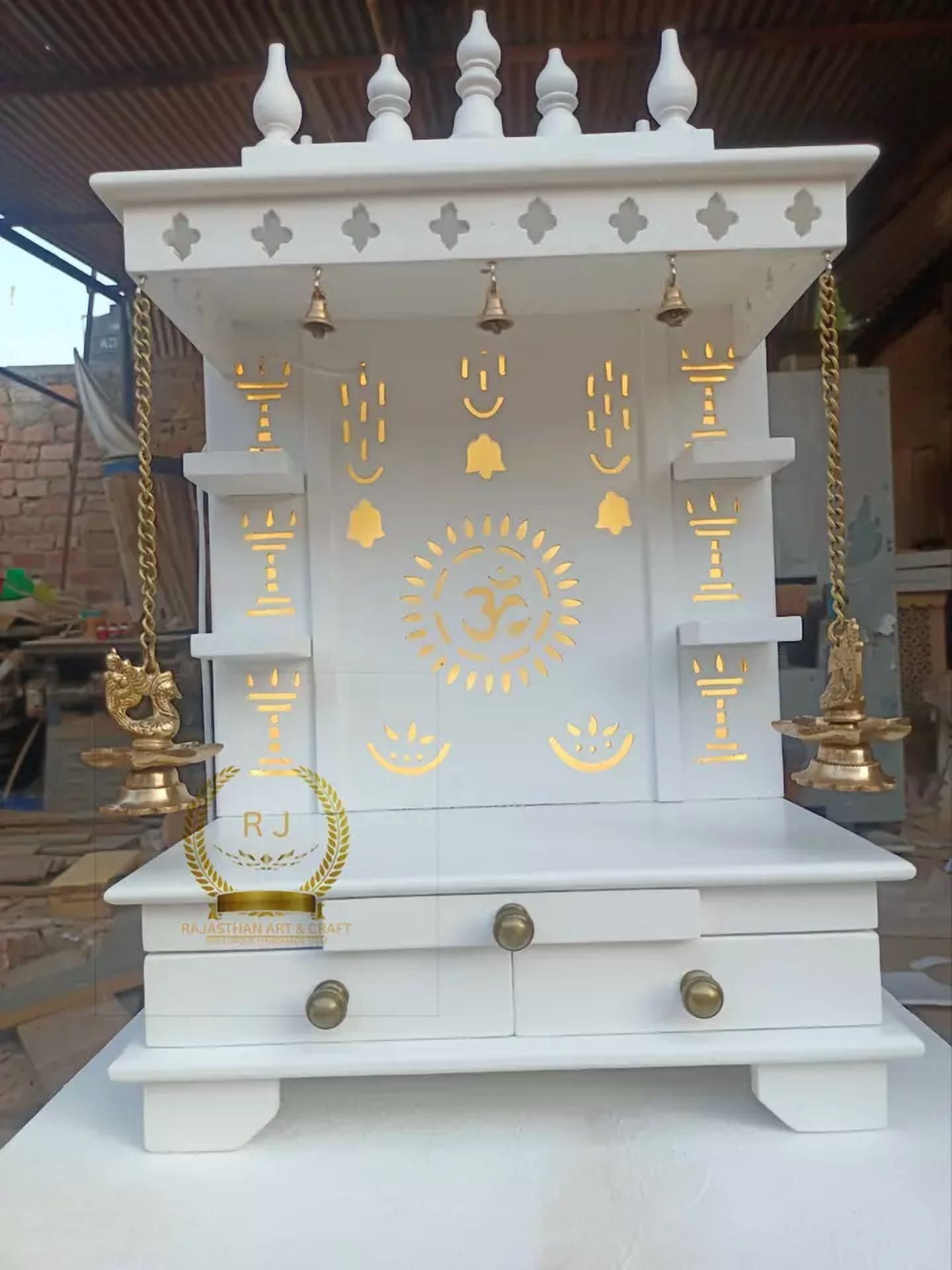 Wooden temple wood Open pooja temple Marble Look White Paint Drawer