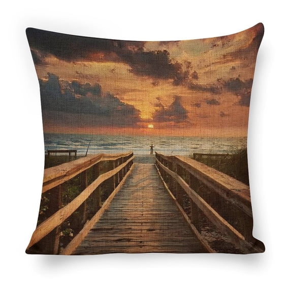Wooden walkway ocean suns Linen toss pillowcase Decoration pillowcase Gift preferred 20x20" Cushion cover 1 set Sofa pillowcase Sofa bedroom living room car
