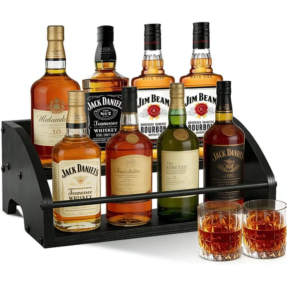 Wooden wine bottle display rack, coffee syrup rack organizer, 2-tier countertop wine rack, rustic country mini bar cabinet, home rustic bar rack table, for spirits whiskey, liquor (black)