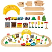 WoodenEdu 60Pcs Train Set for 3 Year Old Boys, Double-Side Wooden Train Set Tracks for Toddlers, Fits Brio, Thomas, Melissa and Doug, Kids Wood Train Toys for 3 4 5 Year Old Boys and Girls