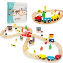 WoodenEdu 60Pcs Train Set for Toddlers, Bridge & Double-Side Wood Train Set Tracks Thomas