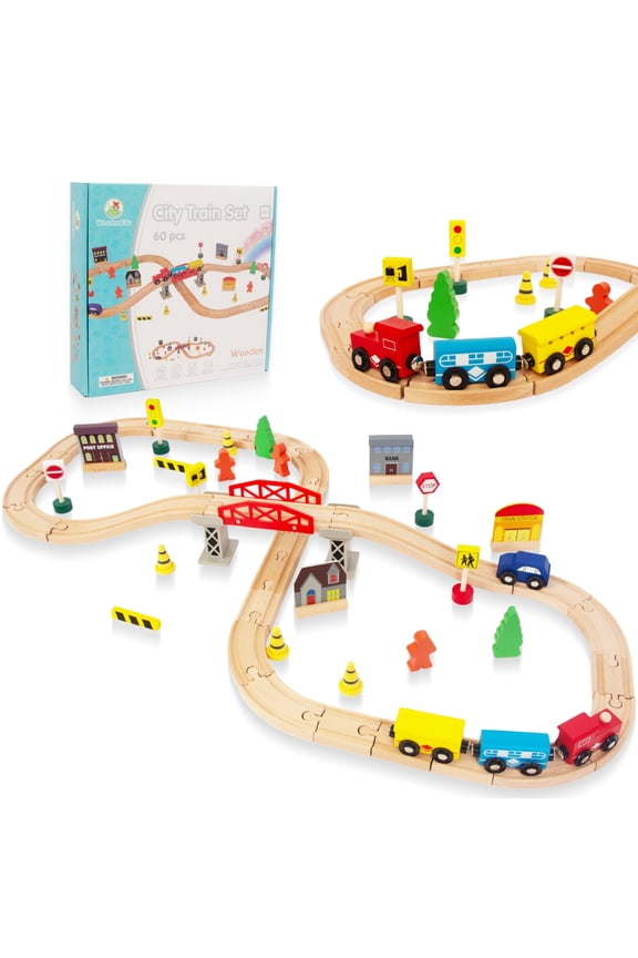 60Pcs Train Set for Toddlers, Bridge & Double-Side Wood Train Set Tracks Thomas