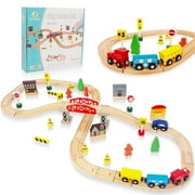 WoodenEdu 60Pcs Train Set for Toddlers, Bridge & Double-Side Wood Train Set Tracks Thomas