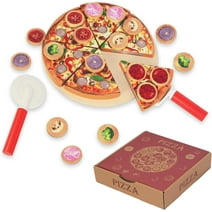 WoodenEdu Cutting Play Food Toy for Kids Kitchen,Wooden Pizza Set Pretend Play Kitchen Accessories,Learning Toy Birthday Gifts for Boys Girls Toddlers