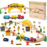 WoodenEdu Double-Side Model Train Sets Easy to Assemble Wood, Yellow, 2.72lbs, 60 Pcs