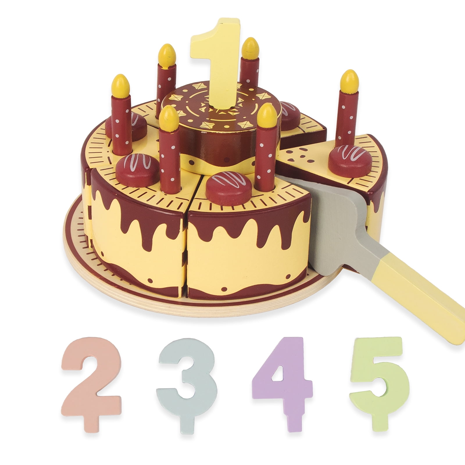 WoodenEdu Pretend Play Food for Toddlers 1-3,Wooden Birthday Fake Cake with Candles and Numbers,Tea Party Learning Kitchen Gift Toys for Boys Girls (Chocolate Cake)