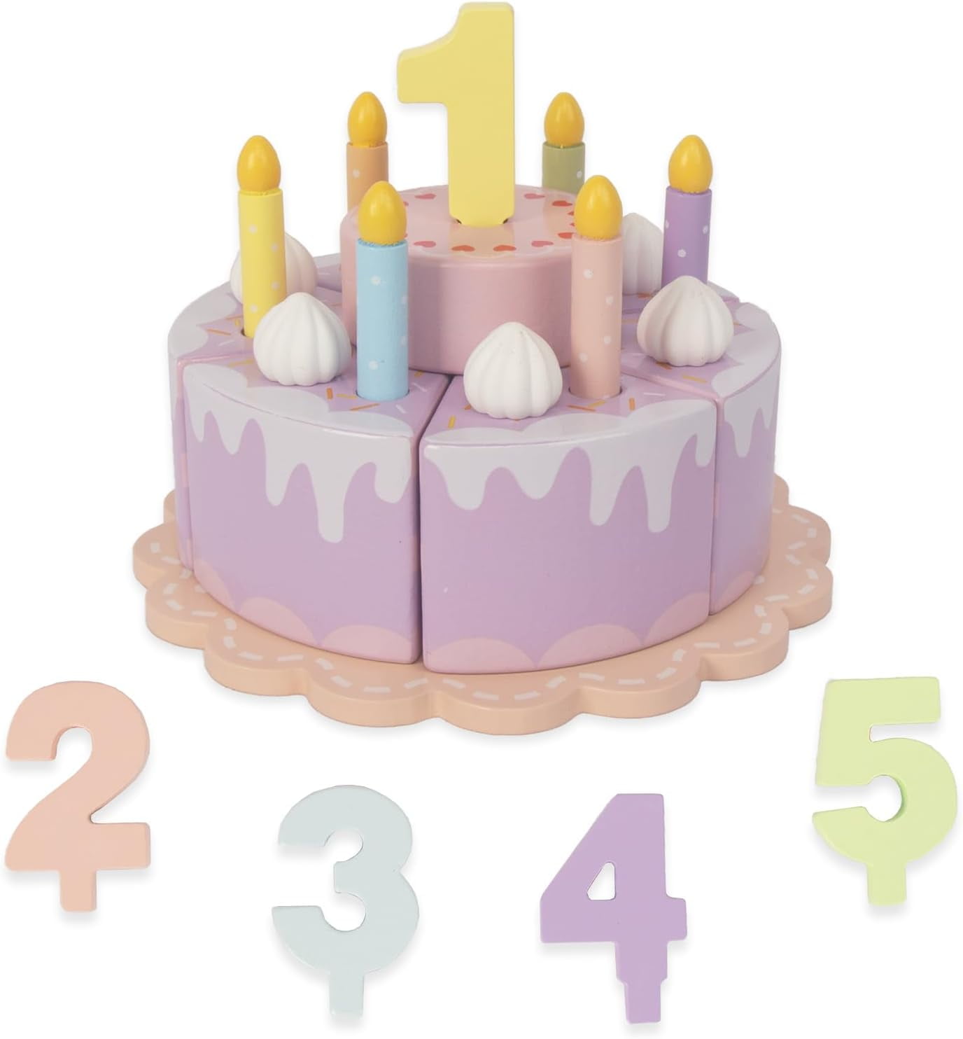 WoodenEdu Pretend Play Food for Toddlers 13,Wooden Birthday Fake Cake with Candles and Numbers
