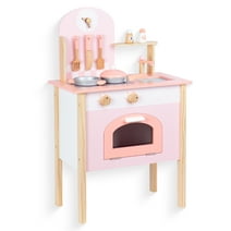 WoodenEdu Wooden Play Kitchen Set for Kids Toddlers, Wooden Pretend Play Pink Kitchen with Cooking Accessories