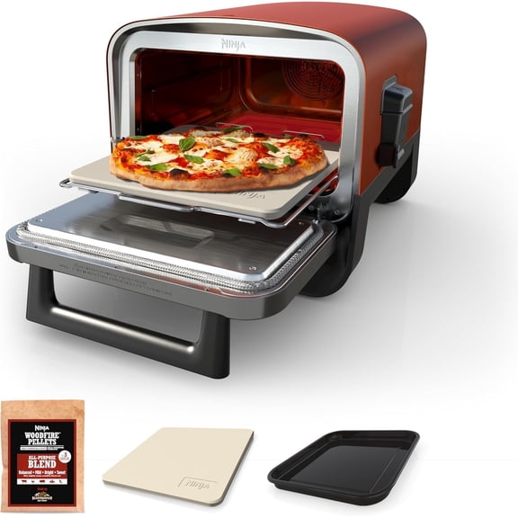 Woodfire Outdoor Pizza Oven, 5-in-1 Portable Electric Roaster Oven, Heats up to 700F, 5 Artisan Pizza Settings, Integrated BBQ Smoker Box, Includes Flavored Wood Pellets, Terracotta Red