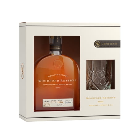 Woodford Reserve Kentucky Straight Bourbon Whiskey with Rocks Glass, 750 mL Bottle, 45.2 ABV