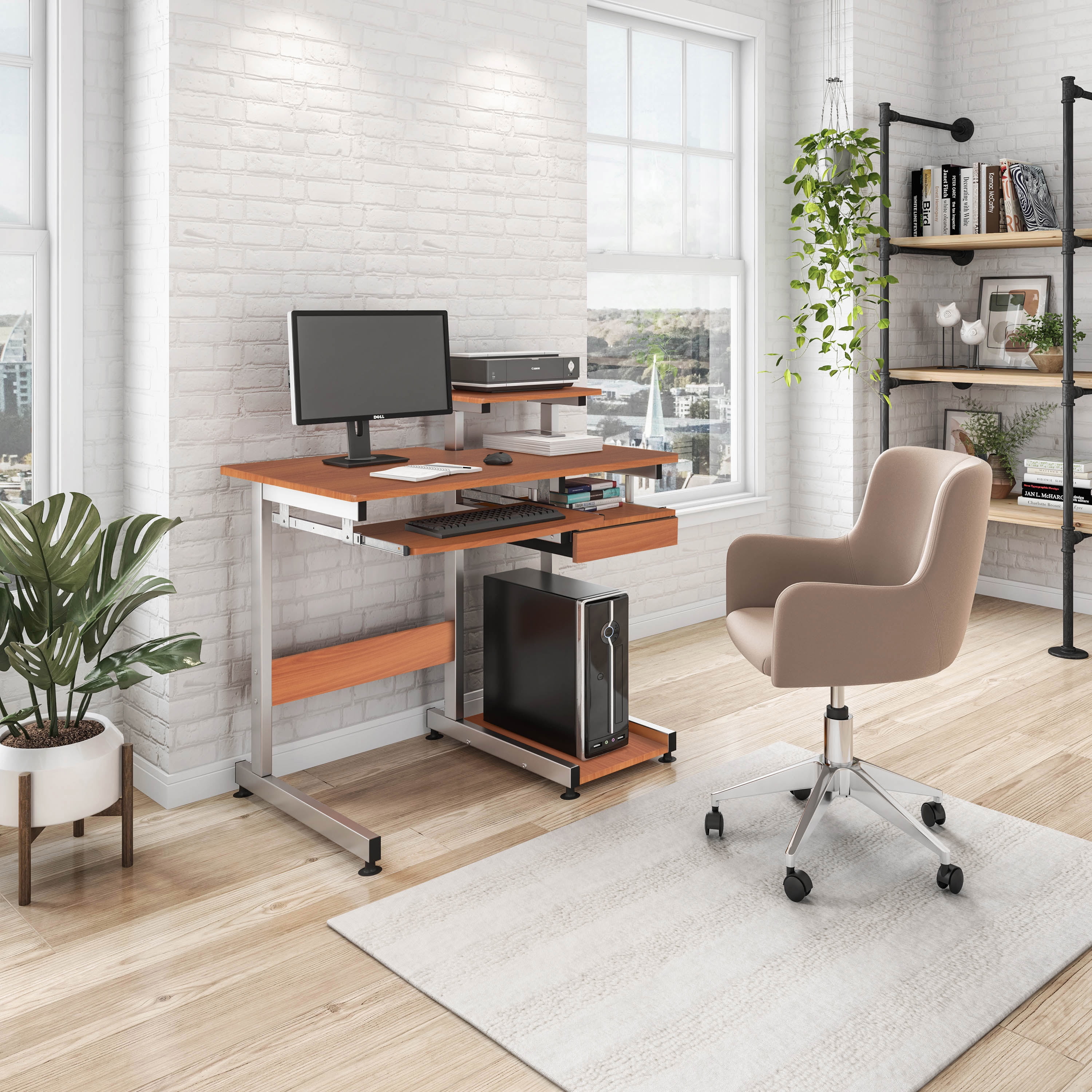 Woodgrain Complete Computer Workstation Desk, Moisture Resistant MDF Writing Table with Pullout Keyboard Tray, CPU Shelf & Storage Drawer, Scratch-Proof Steel Frame for Home Office