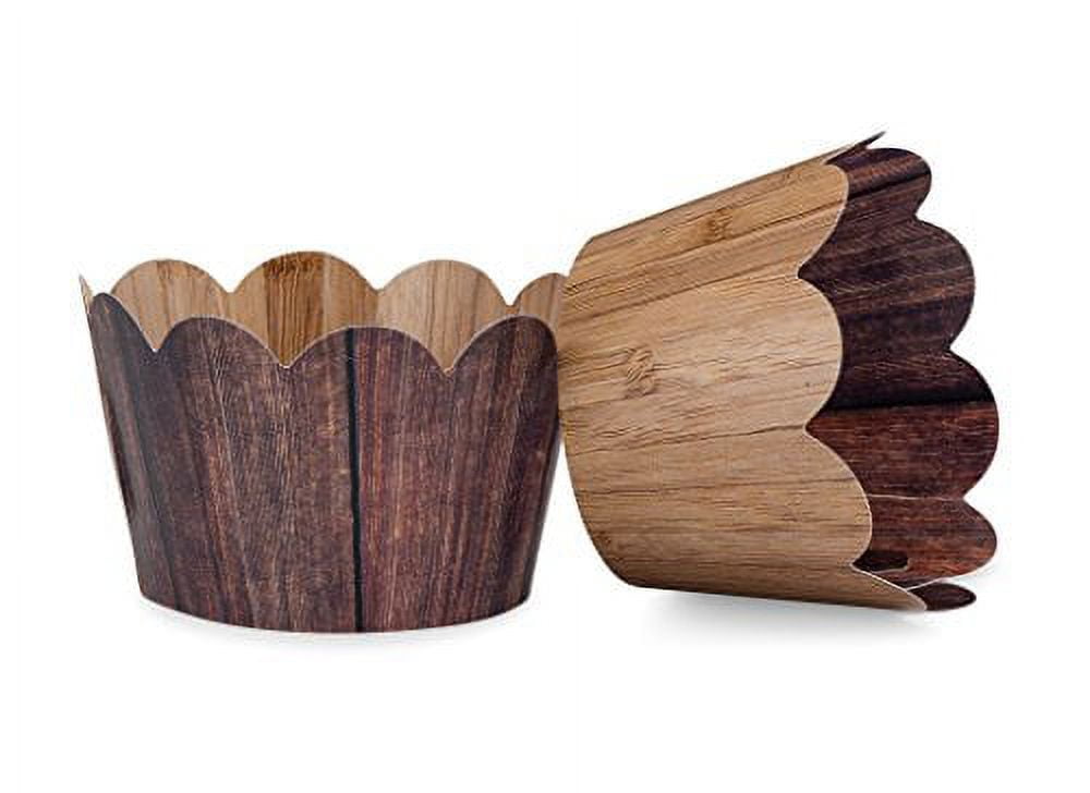 Woodgrain Cupcake Wrappers for Rustic Weddings, Western Cowboy/Cowgirl Birthday Parties, Lumberjack, Woodland, Outdoors Baby or Bridal Showers. Set of 24 Reversible Woodsy Cup Cake Holder Wr
