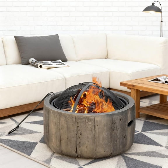 Woodgrain Design Outdoor Fire Pit,Metal Wood Burning Fireplace with Spark Cover