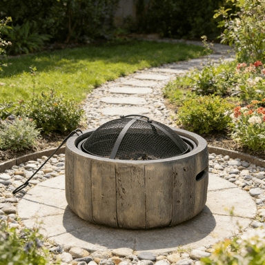 Woodgrain Design Outdoor Fire Pit, Portable Small Backyard Wood Burning Fireplace with Spark Cover & Charcoal Grate