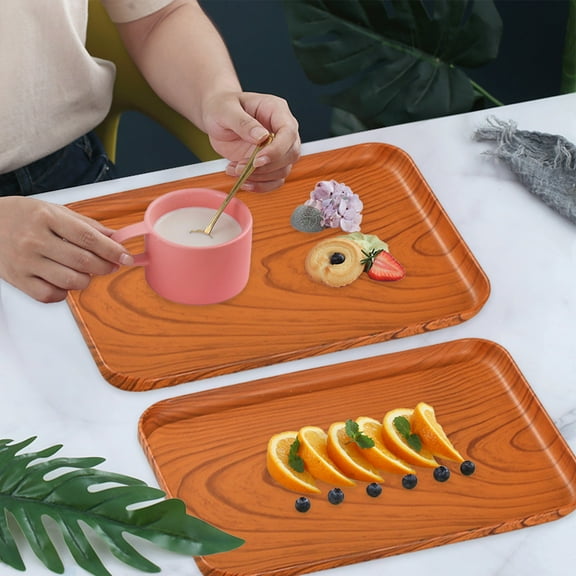 Woodgrain Serving Tray - 12"×8.7" & 9.5"×6.7" Set of 2 Decorative Food Platters - Kitchen Fruit & Snack Tray for Parties, Coffee Table, Holiday Serving