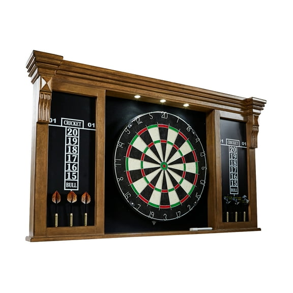 Woodhaven Dartboard LED Cabinet with 18in Bristle Dartboard and Steel Tip Darts by Barrington