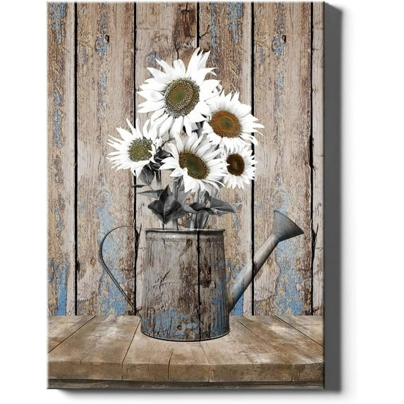Woodiggie Rustic Bathroom Wood Board Sunflowers Wall Art 12" x 16" Framed Canvas Prints