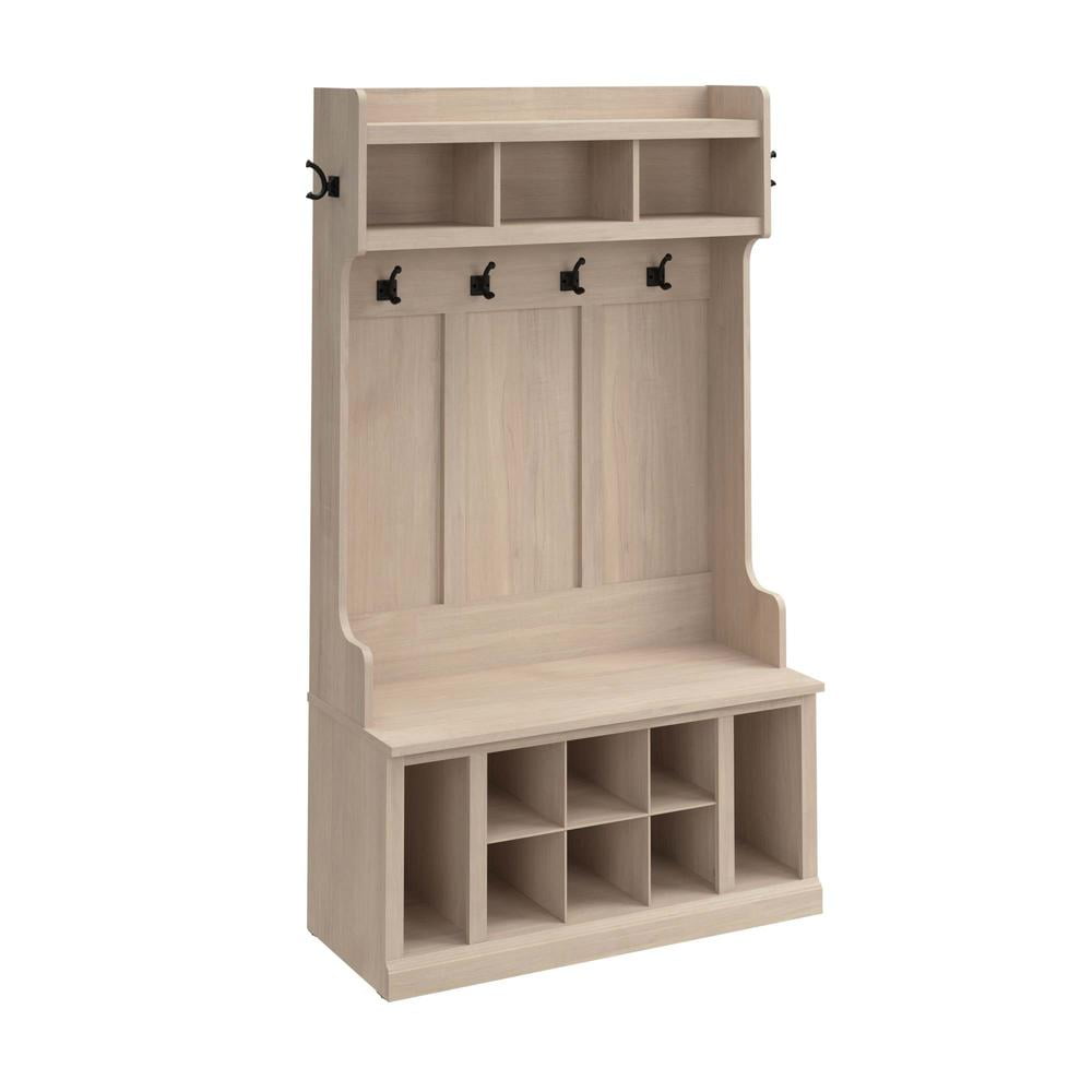 White Washed Maple Hall Tree with Storage Bench and Shelves