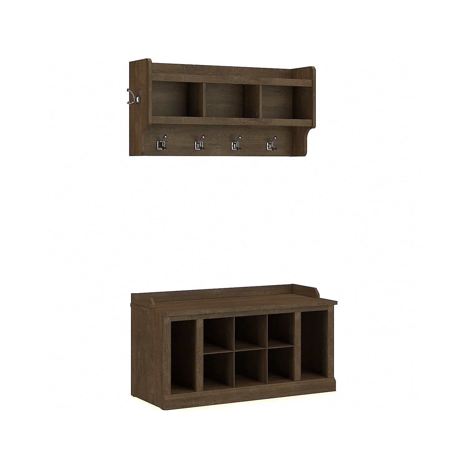 Ash Brown Laminated Wood Hall Tree with Storage Bench and Coat Rack