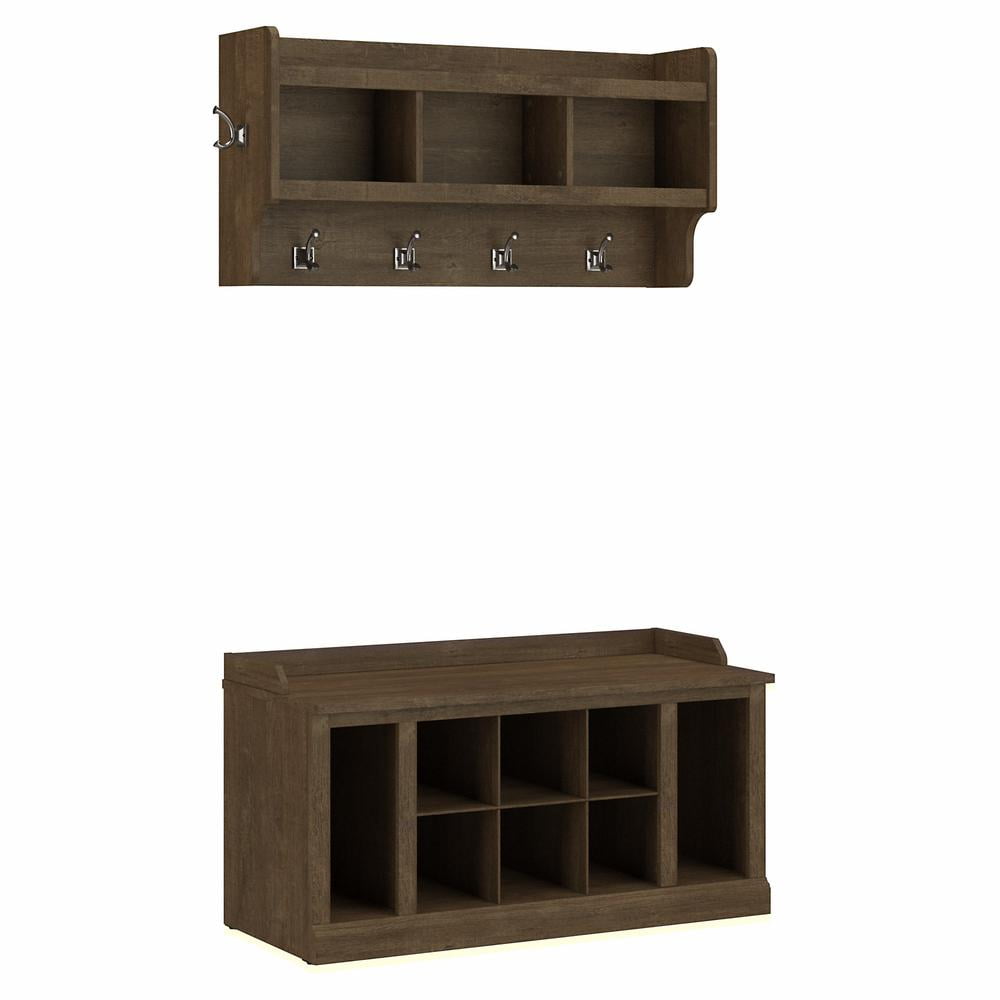 Ash Brown Laminated Wood Hall Tree with Storage Bench and Coat Rack