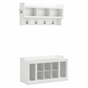 Woodland Entryway Bench w/ Shelves and Coat Rack in White Ash - Engineered Wood