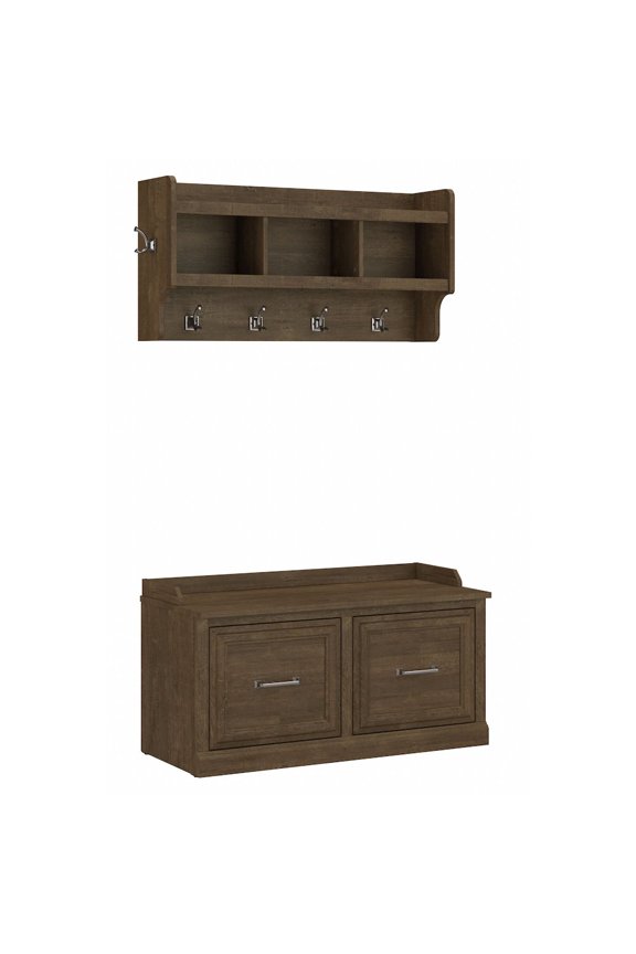 Woodland 40W Shoe Bench with Doors and Coat Rack in Ash Brown - Engineered Wood