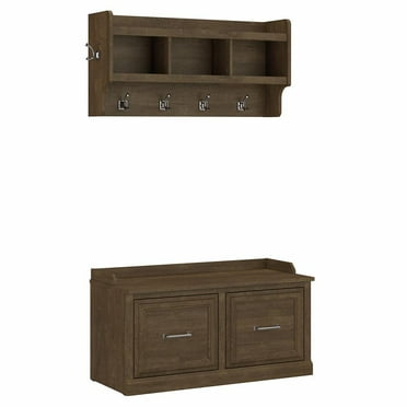 Woodland 40W Shoe Bench with Doors and Coat Rack in Ash Brown - Engineered Wood
