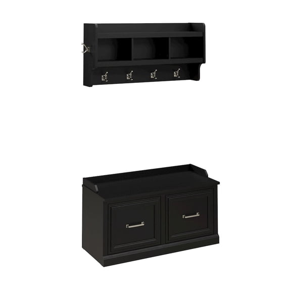 Woodland 40W Shoe Bench with Doors and Coat Rack in Black Oak - Engineered Wood