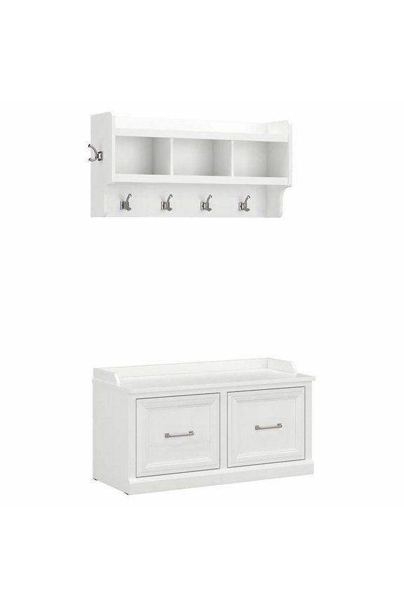 Woodland 40W Shoe Bench with Doors and Coat Rack in White Ash - Engineered Wood