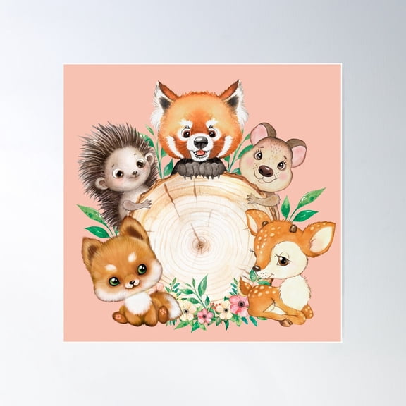 Woodland Adorable Baby Animal Friends Poster Wall Art, Modern Wall Decor For Living Room Bedroom, 24x24 UNFRAMED