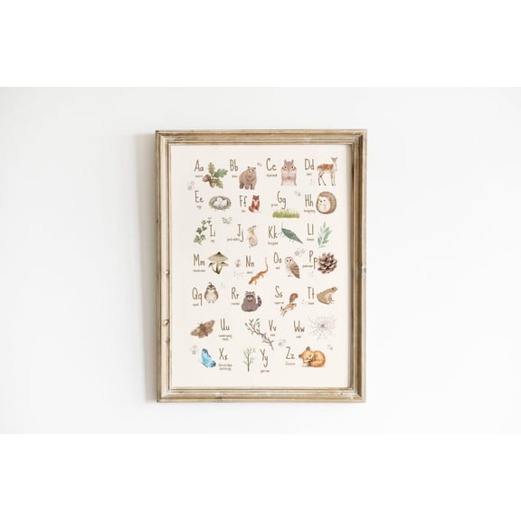 Woodland Alphabet Poster, Nursery ABC Wall Art, Unframed Paper Poster 8x10in