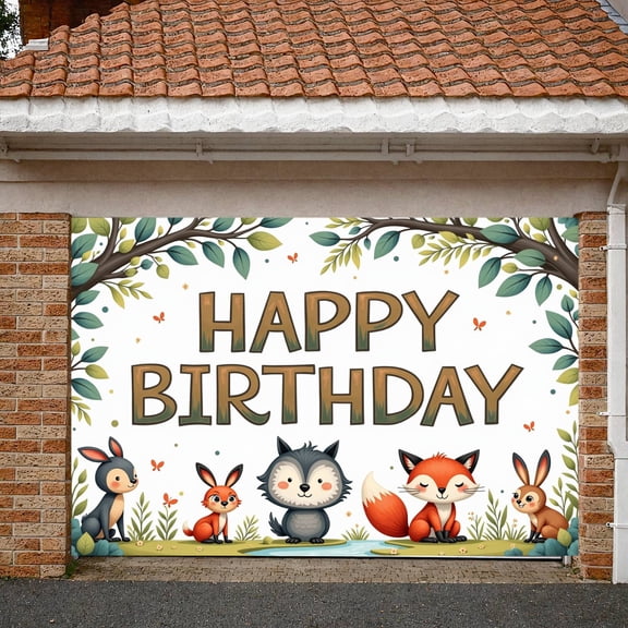 Woodland Animal Banner Cartoon Style Forest Animal Backdrop Forest Leaves Butterfly Accent Kids Birthday Backdrop for Kids Birthday Party Forest Theme Celebration Photo Shoot Backdrop